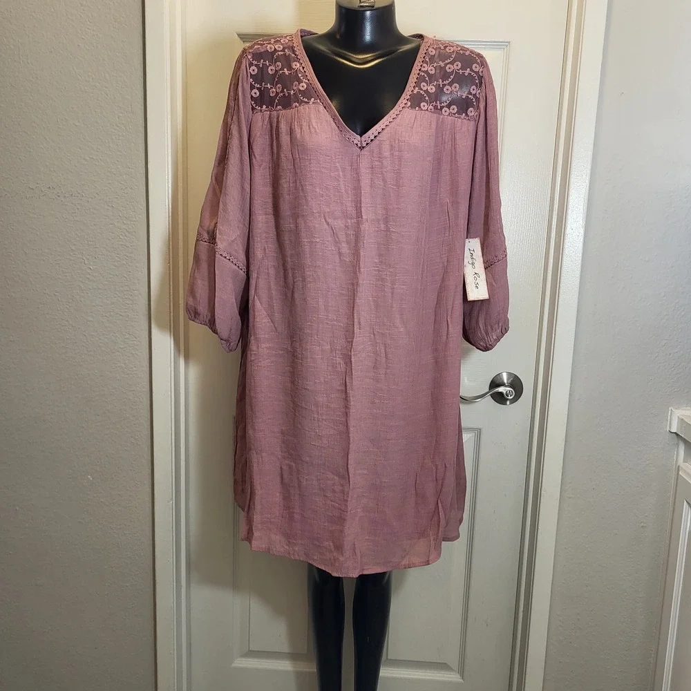Boho Lace Yoke V-Neck Tunic Dress - Dusty Rose
